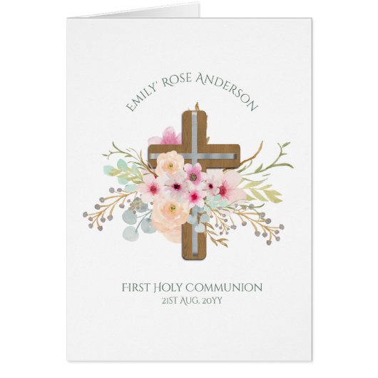 Personalized Holy Communion Floral Cross Cards (Front)