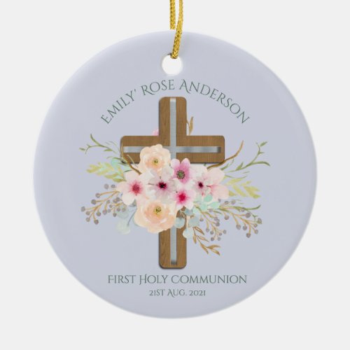 Personalized Holy Communion Floral Cross Ceramic Ornament