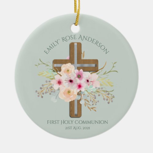 Personalized Holy Communion Floral Cross Ceramic Ornament