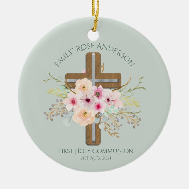 Personalized Holy Communion Floral Cross Ceramic Ornament (Front)