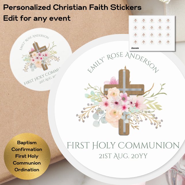 Personalized Holy Communion Floral Cross Classic Round Sticker (Creator Uploaded)