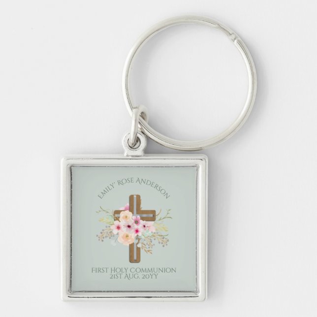 Personalized Holy Communion Floral Cross Keychain (Front)