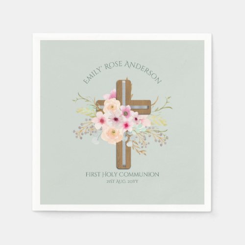 Personalized Holy Communion Floral Cross Napkins