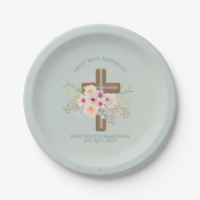 Personalized Holy Communion Floral Cross Paper Plates (Front)