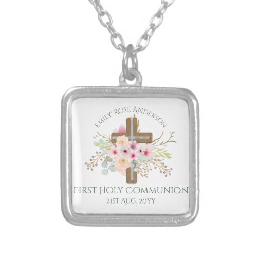 Personalized Holy Communion Floral Cross Silver Plated Necklace