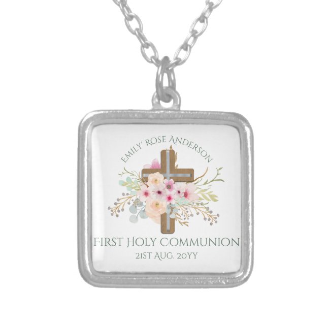 Personalized Holy Communion Floral Cross Silver Plated Necklace (Front)