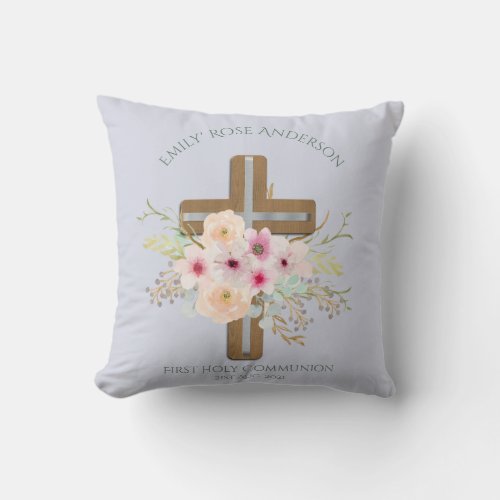 Personalized Holy Communion Floral Cross Throw Pillow