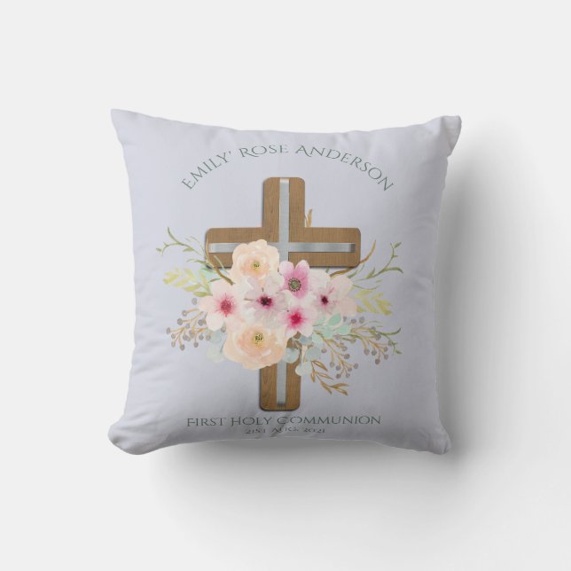 Personalized Holy Communion Floral Cross Throw Pillow (Front)
