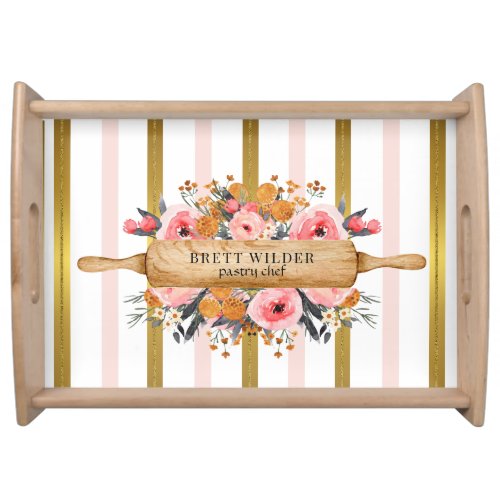 Personalized Home Bakers Rolling Pin Floral Serving Tray