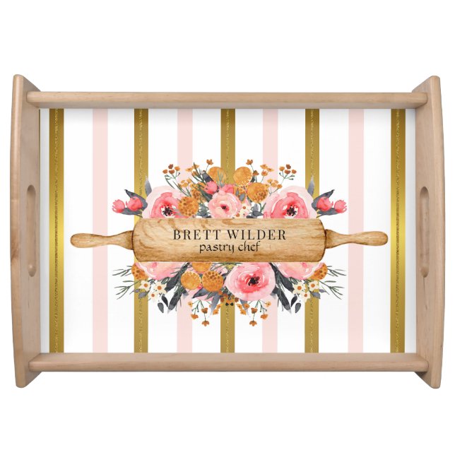 Personalized Home Baker's Rolling Pin Floral Serving Tray (Front)