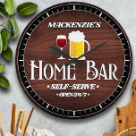 Personalized Home Bar Theme Large Clock<br><div class="desc">Fun barware decor with this personalized wall clock featuring any first name,  couple's,  family or business name. Cute clipart wine glass and beer stein on a faux walnut grain background. Personalized for a one-of-a-kind gift.</div>
