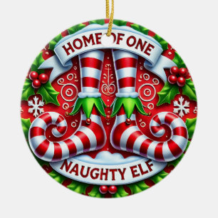 Personalized Home Of One Naughty Elf Ceramic Ornament