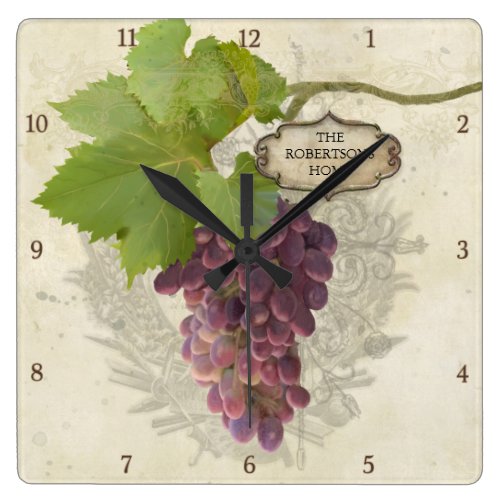 Personalized Home Rustic Grapes on Vine Vintage Square Wall Clock