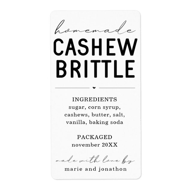 Personalized Homemade Cashew Brittle Label (Front)