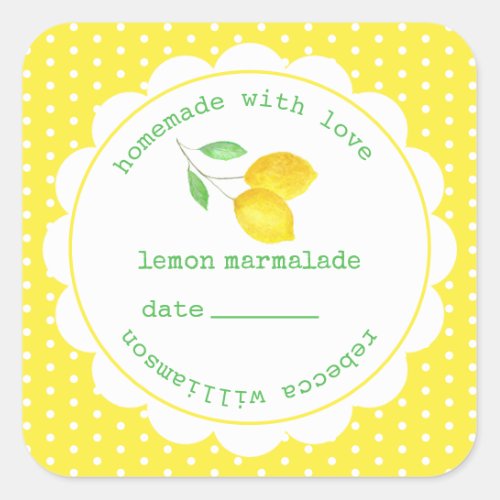 Personalized  Homemade Lemon Marmalade Jar  Square Sticker