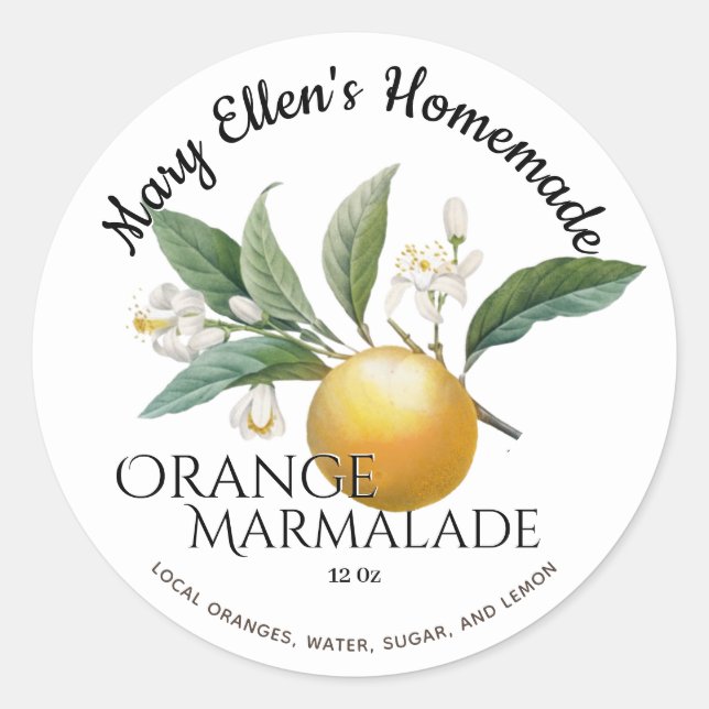 Personalized Homemade Orange Marmalade Label (Front)