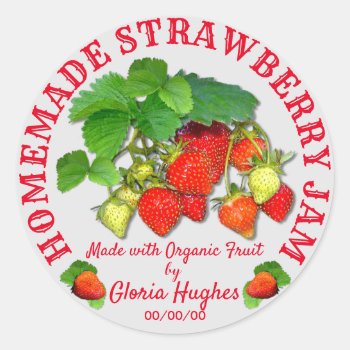 Personalized Homemade Strawberry Jam Custom Text Classic Round Sticker by shirleypoppy at Zazzle