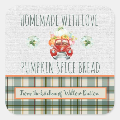Personalized Homemade with love Pumpkin Truck Square Sticker