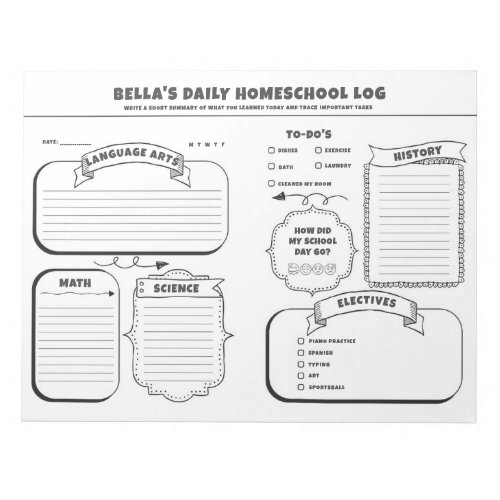Personalized Homeschool Daily Tracker and Log Notepad