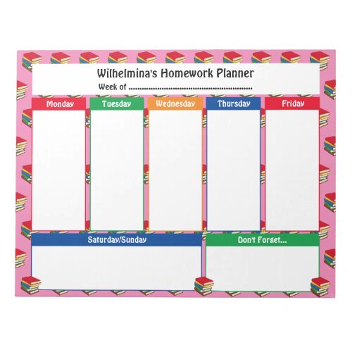 Personalized HOMEWORK PLANNER  BOOKS Tear Away Notepad