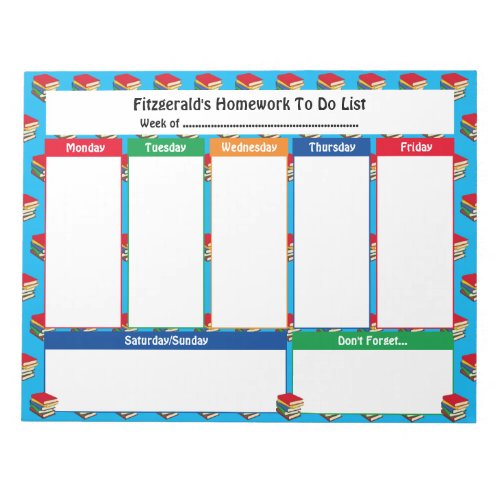 Personalized HOMEWORK TO DO LIST  BOOKS Tear Away Notepad