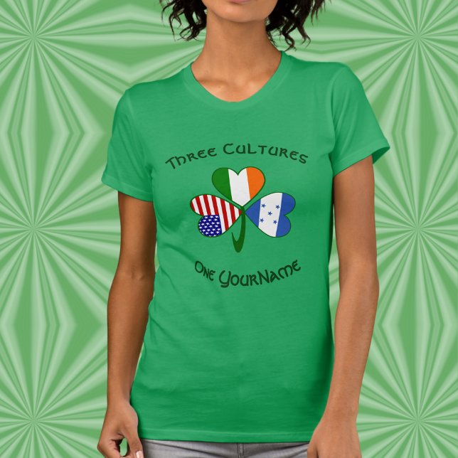 Personalized Honduras Ireland USA Shamrock Women’s T-Shirt (Personalized women’s tee with shamrock featuring Honduras, Ireland, & USA flags for blended heritage)