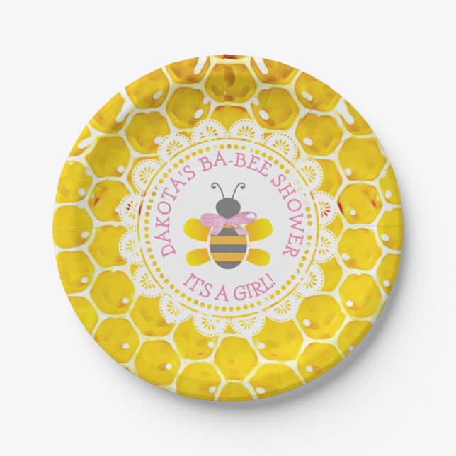 Personalized Honey and Bee Baby Shower ITS A GIRL Paper Plates (Front)