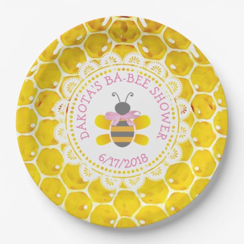 Personalized Honey and Bee Baby Shower  Pink Bow Paper Plates