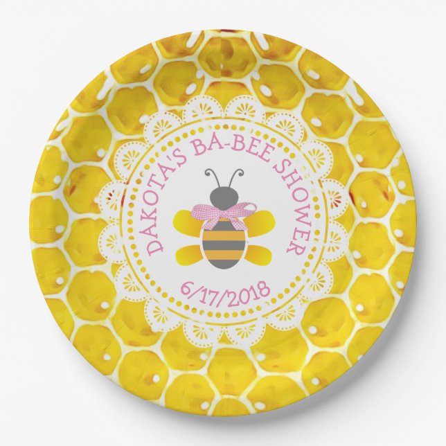 Personalized Honey and Bee Baby Shower  Pink Bow Paper Plates (Front)