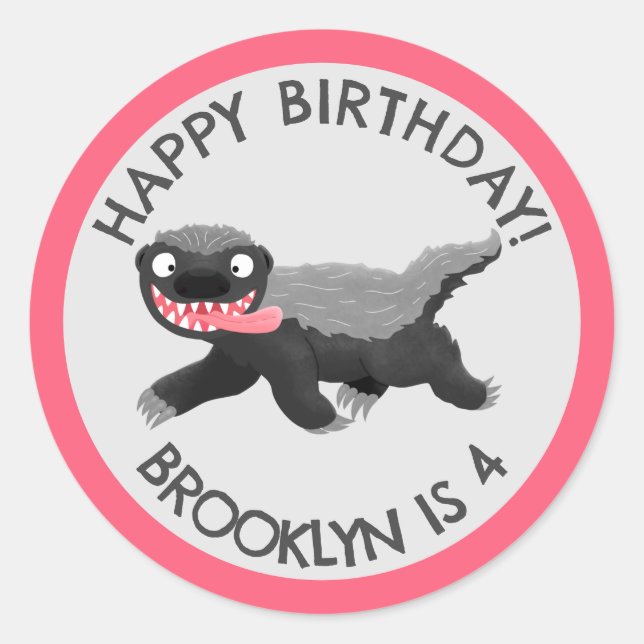 Personalized honey badger cartoon birthday classic round sticker (Front)