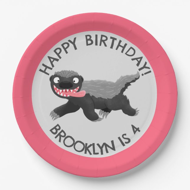 Personalized honey badger cartoon birthday paper plates (Front)