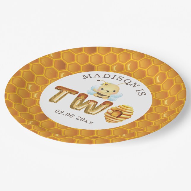 Personalized Honey Bee Second Birthday Paper Plate (Angled)