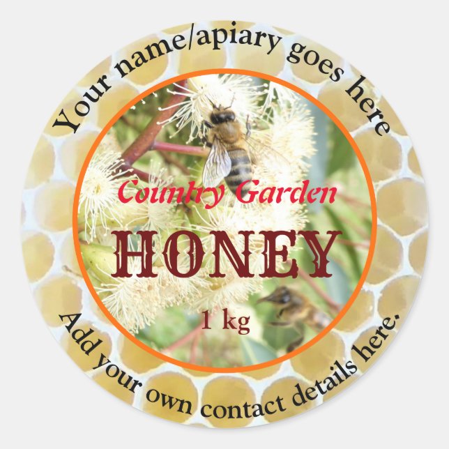 PERSONALIZED HONEY JAR APIARY LABELS. BEEKEEPER CLASSIC ROUND STICKER (Front)
