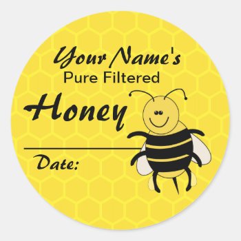 Personalized Honey Label Cartoon Bee Round Sticker by alinaspencil at Zazzle