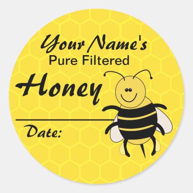 Personalized Honey Label Cartoon Bee Round Sticker (Front)