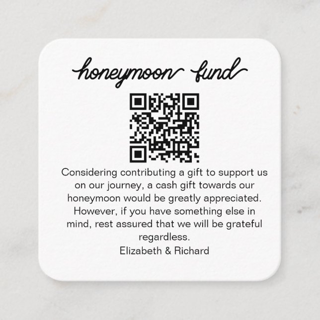 Personalized Honeymoon Fund QR Wedding Registry Enclosure Card (Front)