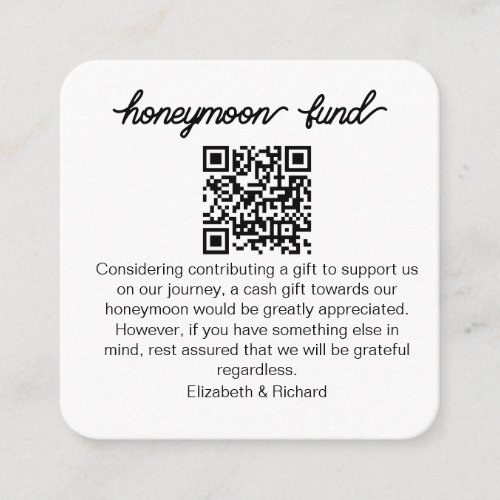 Personalized Honeymoon Fund QR Wedding Registry Enclosure Card