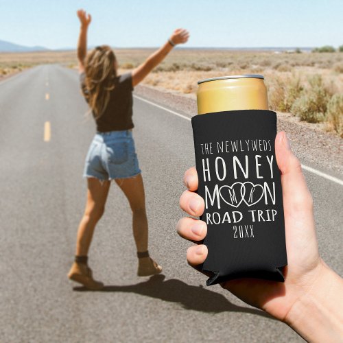 Personalized Honeymoon Road Trip Heart Monogrammed Seltzer Can Cooler