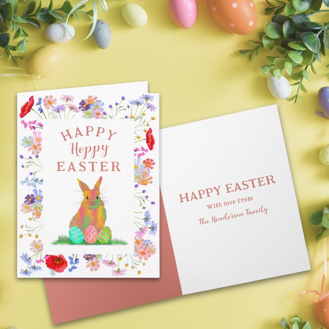 Personalized Hoppy Easter Cute Bunny Floral Card (Personalized happy hoppy Easter cute bunny watercolor colorful spring floral folded greetings card)