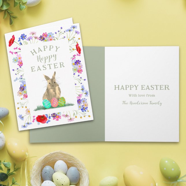 Personalized Hoppy Easter Cute Bunny Spring Floral Card (Personalized happy hoppy Easter cute bunny watercolor wildflower spring floral folded holiday card)