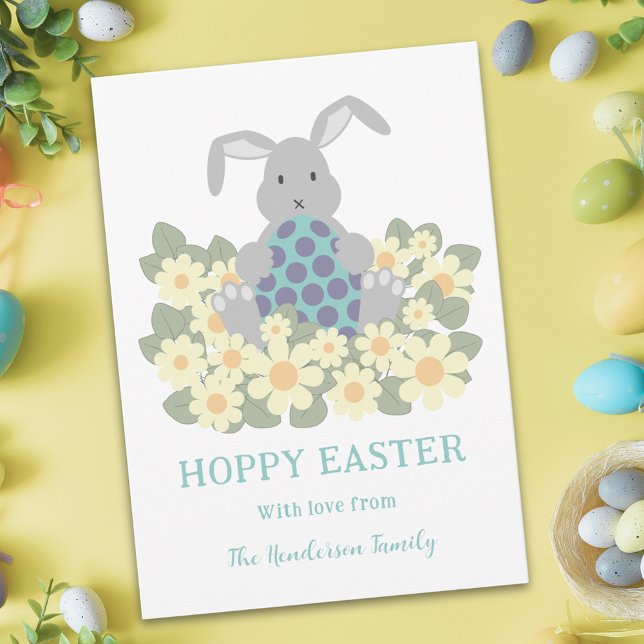 Personalized Hoppy Easter Cute Bunny Spring Floral Holiday Card (Modern Personalized hoppy easter cute bunny daisy meadow spring floral holiday greetings card )