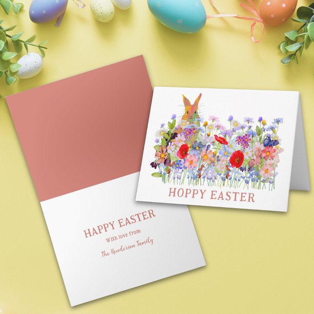 Personalized Hoppy Easter Cute Bunny Wildflower Card (Personalized hoppy happy  easter cute bunny watercolor wildflower meadow spring floral holiday card)