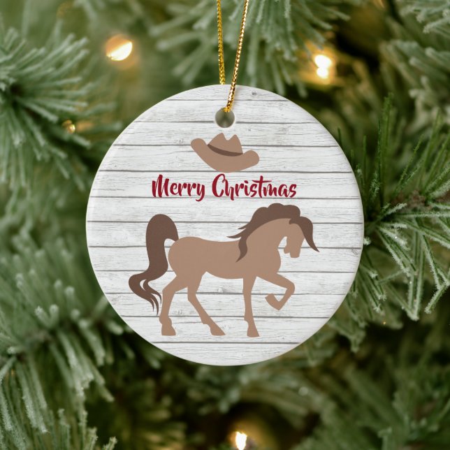 Personalized Horse and Cowboy Hat Merry Christmas Ceramic Ornament (Tree)