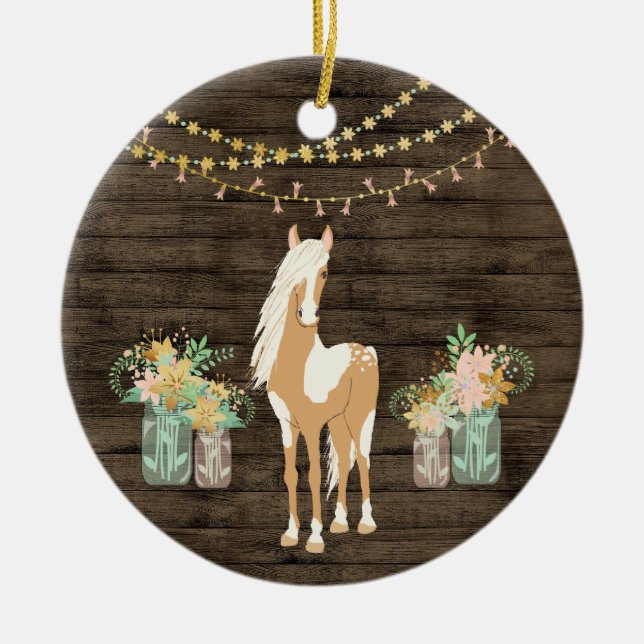 Personalized Horse and Flowers Rustic Christmas Ceramic Ornament (Front)
