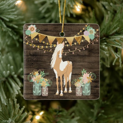 Personalized Horse and Flowers Rustic Christmas Ceramic Ornament