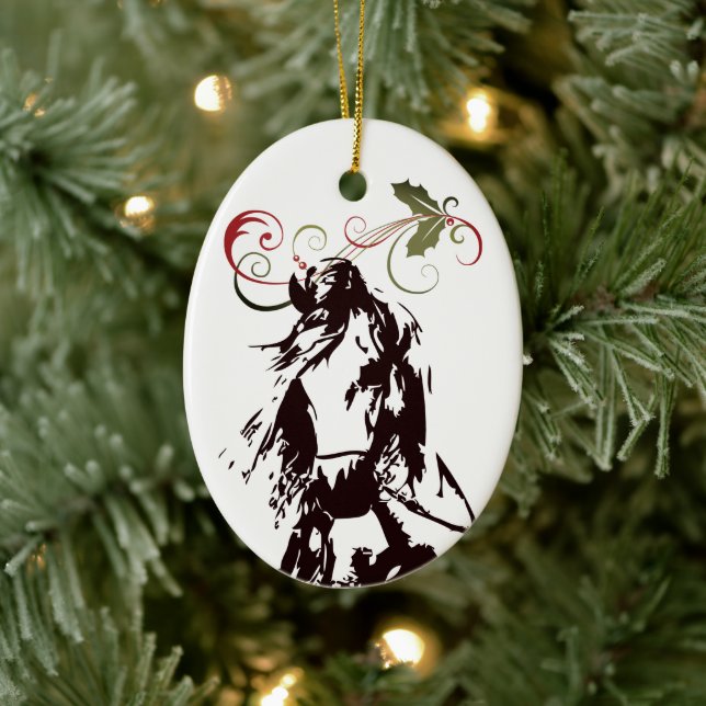 Personalized Horse and Holly Holiday Christmas Ceramic Ornament (Tree)