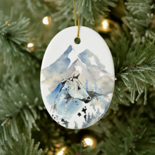 Personalized Horse and Mountains Christmas Ceramic Ornament