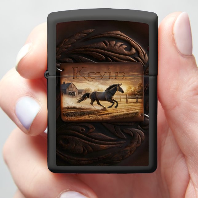 Personalized Horse Artwork Zippo Lighter (In Hand)
