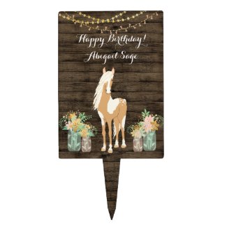 Personalized Horse, Flowers Rustic Wood Birthday Cake Topper