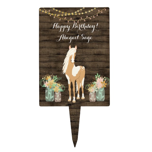Personalized Horse, Flowers Rustic Wood Birthday Cake Topper (Front)